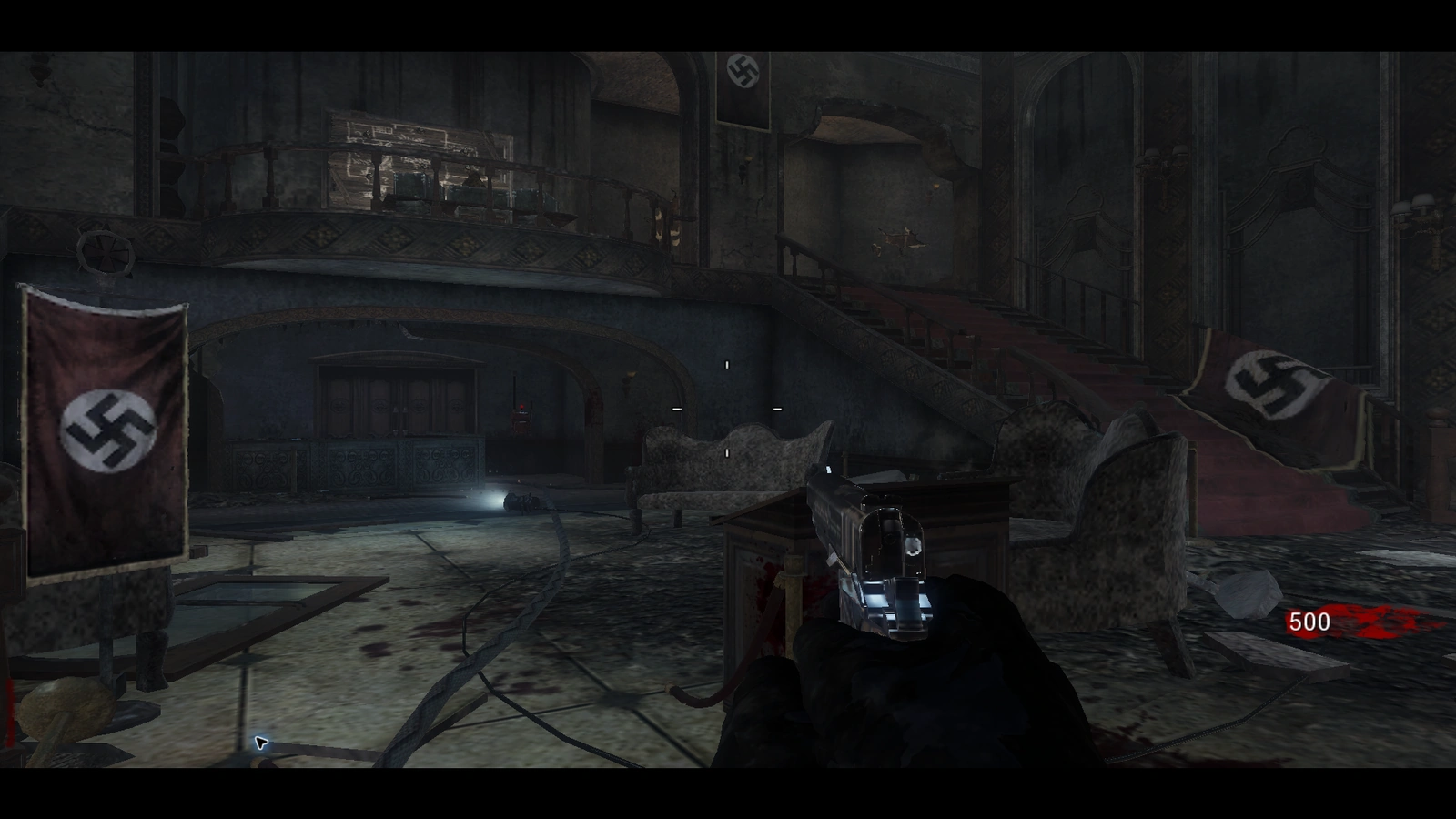First-person view inside the Kino der Toten theater, with the game HUD visible